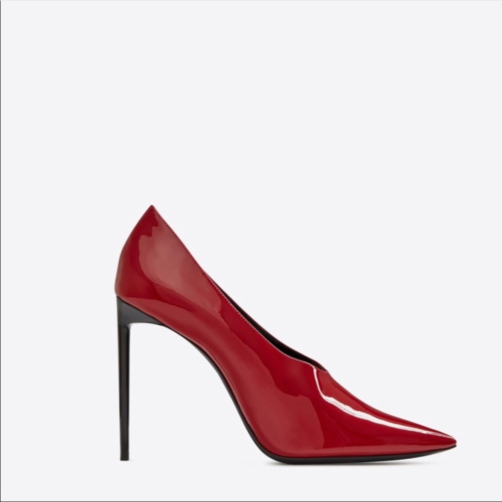 🔥HOST PIC🔥 NEW in Box- SAINT LAURENT Vernice Chiffon Red Heels 36.5 - Picture 1 of 6